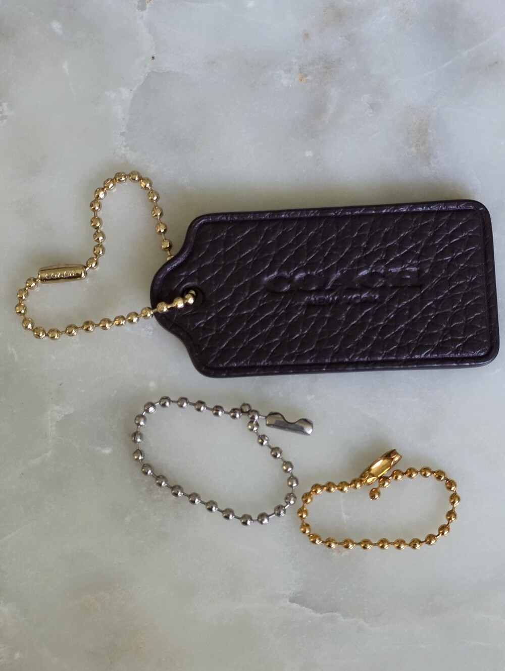 Coach Pebbled Large Leather Tag/Charm in Dark Brown with Gold Ball Chain